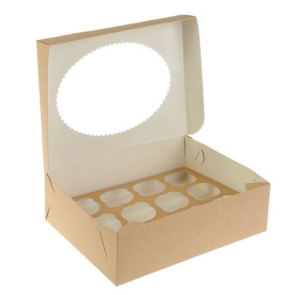 Коробка на 12 капкейков с окном, 2-х сторонняя (белая с ламинацией / крафт), 33х25х10см, forGenika