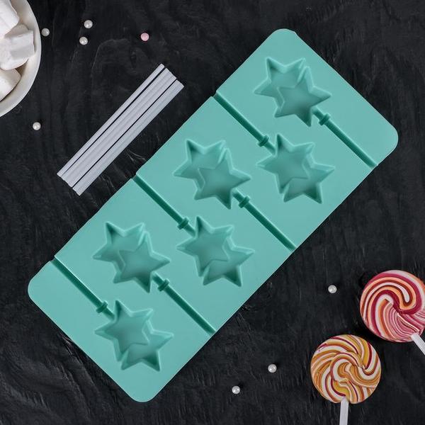 Форма для леденцов и мороженого Звёзды, 6 ячеек, 9,5×24×1 см, палочки в комплекте