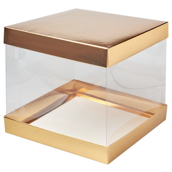 Коробка для торта прозрачная, 200 x 200 x 180, золотая