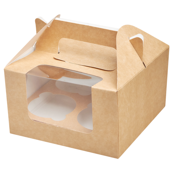 Коробка с ручкой для капкейков на 4 шт. с окном, 160 x 160 x 100, крафт