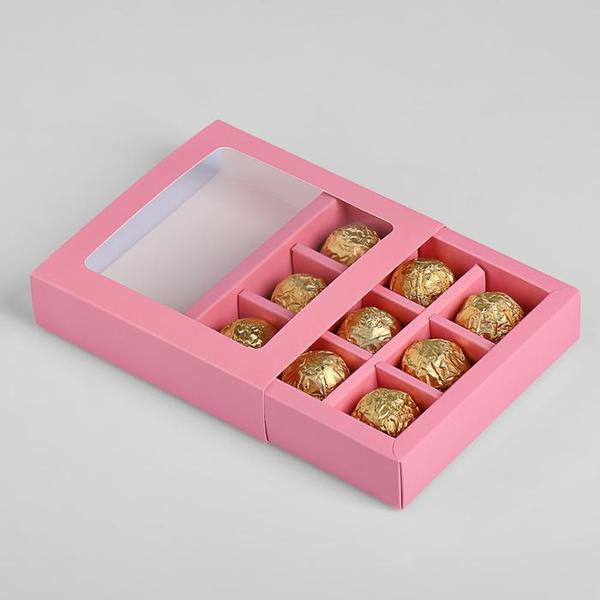 Коробка для конфет, 9 ячеек, розовая, 14,5 х 14,5 х 3,5 см