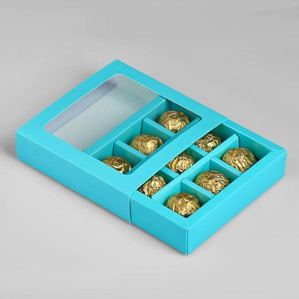 Коробка для конфет, 9 ячеек, голубая, 14,5 х 14,5 х 3,5 см