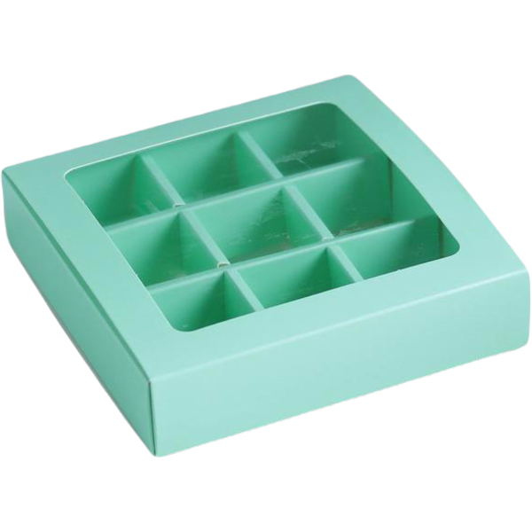 Коробка для конфет, 9 ячеек, мятный, 14,5 х 14,5 х 3,5 см
