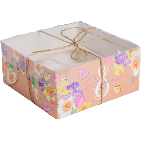 Коробка на 4 капкейка С 8 марта, 16 × 16 × 7,5 см