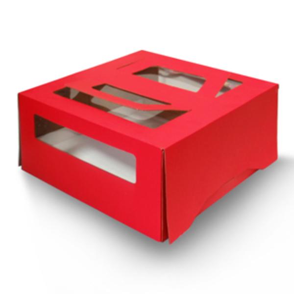 Коробка для торта с окном и ручками 26 х 26 х 13 см красная