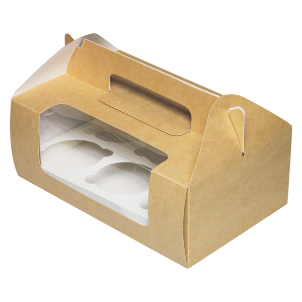 Коробка с ручкой для капкейков на 6 шт. с окном, 235 x 160 x 100, крафт