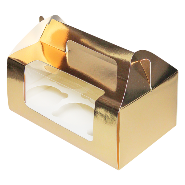 Коробка с ручкой для капкейков на 6 шт. с окном, 235 x 160 x 100, золотая