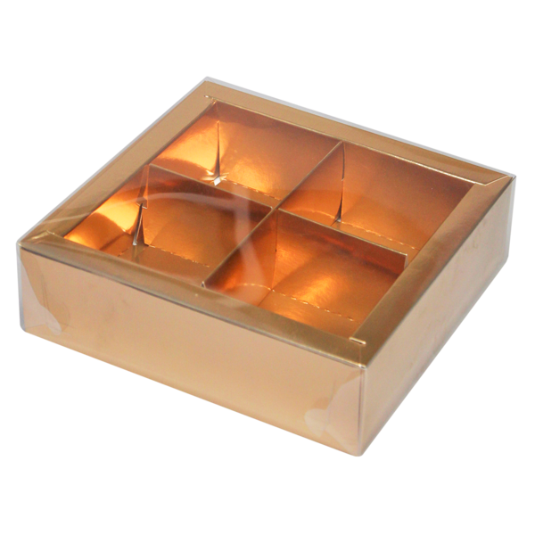 Коробка для десертов на 4 шт. с прозрачной крышкой, 170 x 170 x 50, золотая