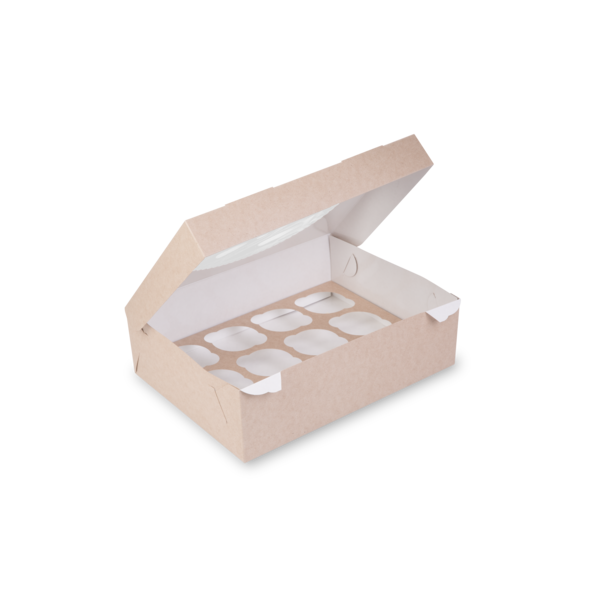 Коробка на 12 капкейков с окном, 2-х сторонняя (белая с ламинацией / крафт), 33х25х10см, forGenika