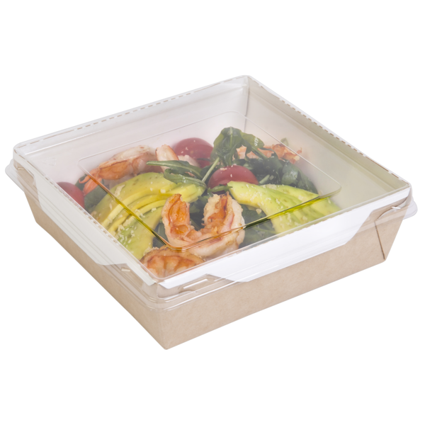 Коробка для салатов / десертов / суши с крышкой 1200 мл, 145 x 145 x 63 мм, крафт/белая
