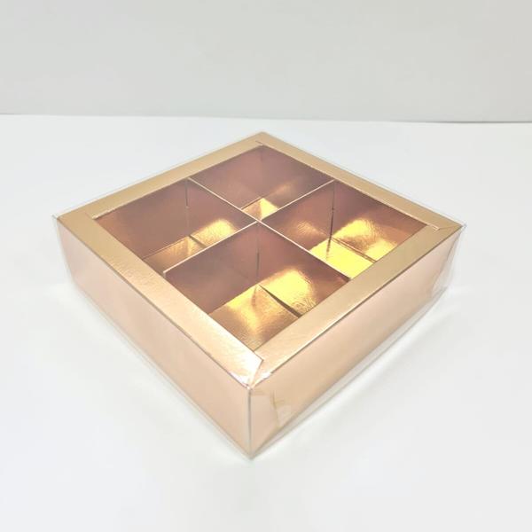 Коробка для десертов на 4 шт. с прозрачной крышкой, 170 x 170 x 50, золотая