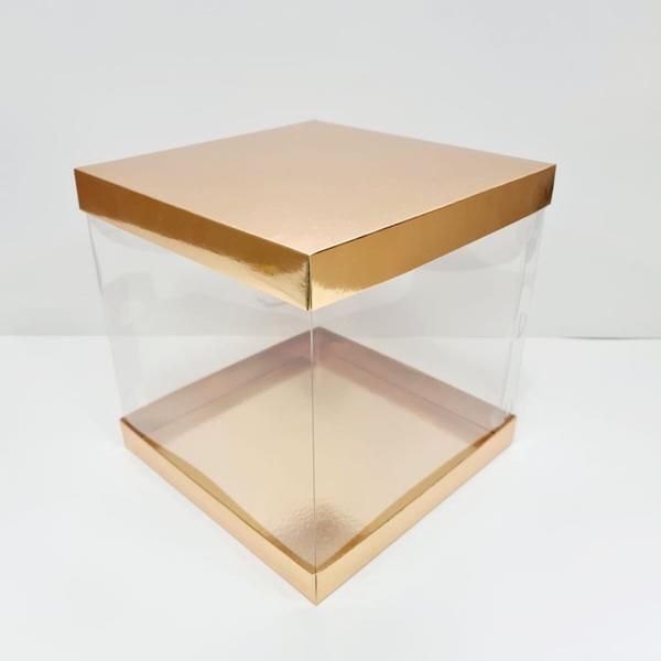 Коробка для торта прозрачная с подложкой, 235 x 235 x 240, золотая