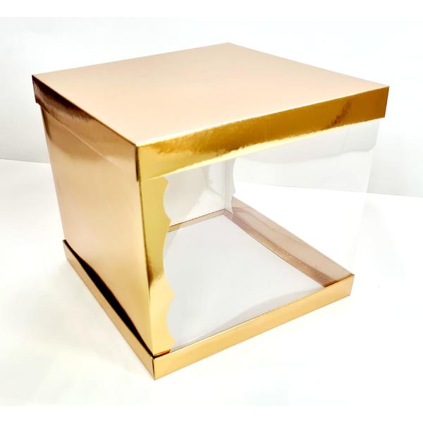 Коробка для торта прозрачная, 300x300x240, золотая