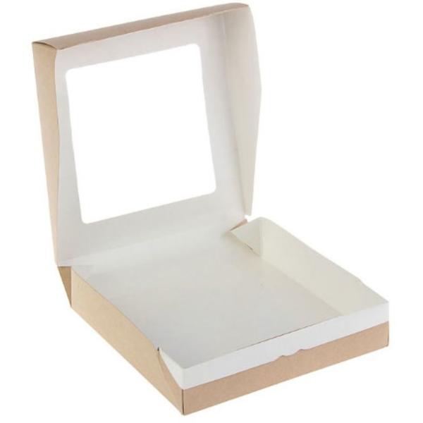 Коробка с окном крафт 20 х 20 х 4 см, внутри белая ламинация